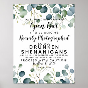 Poster feuillage vert Open Bar signe mariage eucalyptus