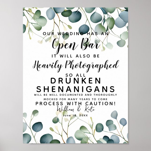 Poster feuillage vert Open Bar signe mariage eucalyptus (Devant)