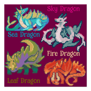 Poster Feuille, ciel, feu, mer Dragon pixel art