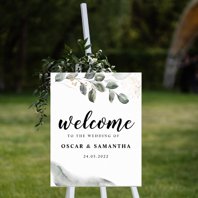 Poster Feuille d'aquarelle verte douce | Poussière d'or | (Créateur téléchargé)