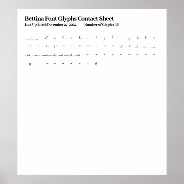 Poster Feuille de contact Bettina Font Glyphes (Devant)
