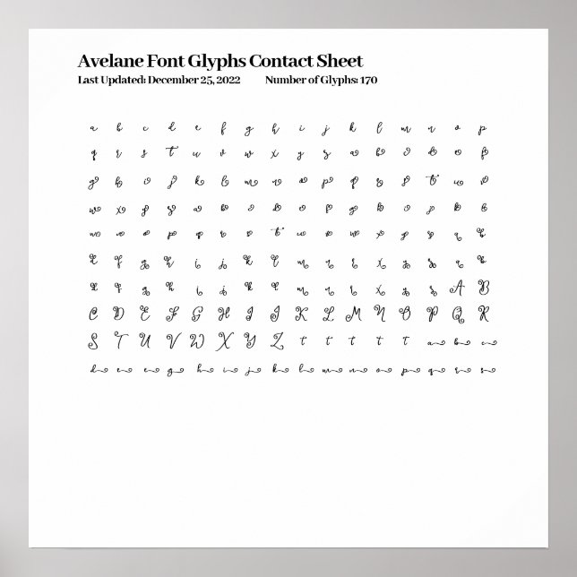 Poster Feuille de contact Glyphes de police Avelane (Devant)