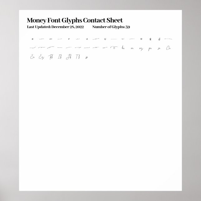 Poster Feuille de contact Glyphes de police monétaire (Devant)