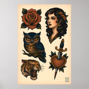 Poster Feuille de tatouage néo-traditionnel mate