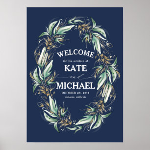 Poster Feuille d'or Vert Marine Mariage bleu Bienvenue