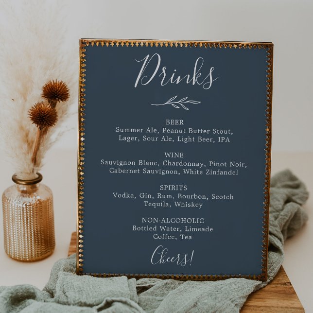 Poster Feuille minimale | Menu Boissons Mariage bleu ardo (Créateur téléchargé)