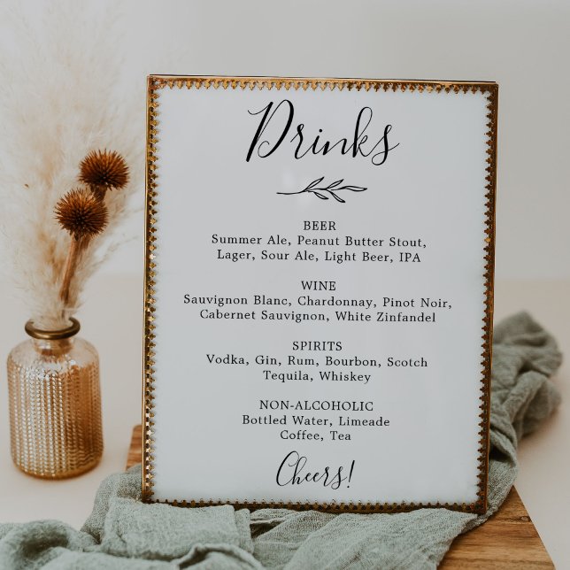 Poster Feuille minimale | Menu des boissons Mariages noir (Créateur téléchargé)