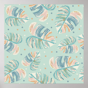 Poster Feuille Monstera - Turquoise, Vert, Corail, Moutar