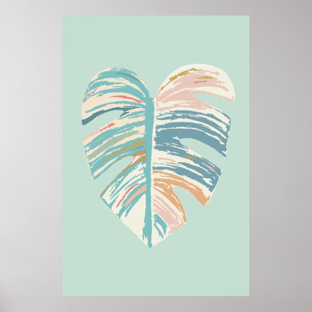 Poster Feuille Monstera - Turquoise, Vert, Corail, Moutar (Devant)