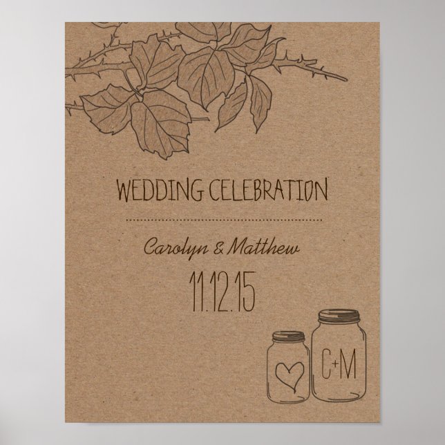 Poster Feuille rustique | Mason Jar | Mariage cardiaque (Devant)