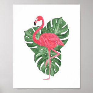 Poster Feuille tropical de Monstera de Flamant rose rose