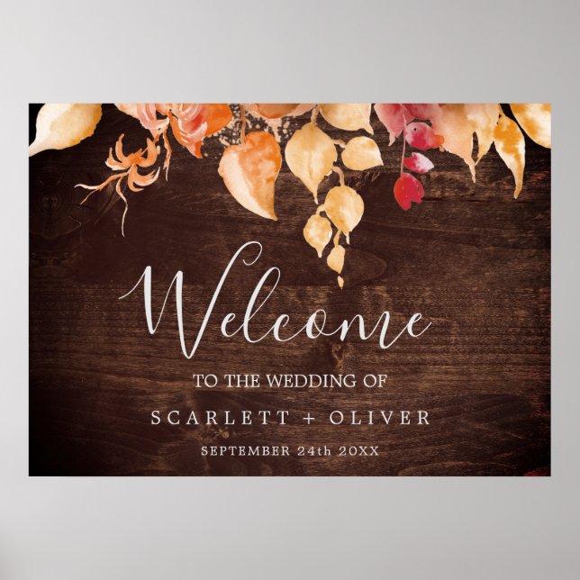 Poster Feuilles automnales | Rustique Brown Mariage de bi (Devant)