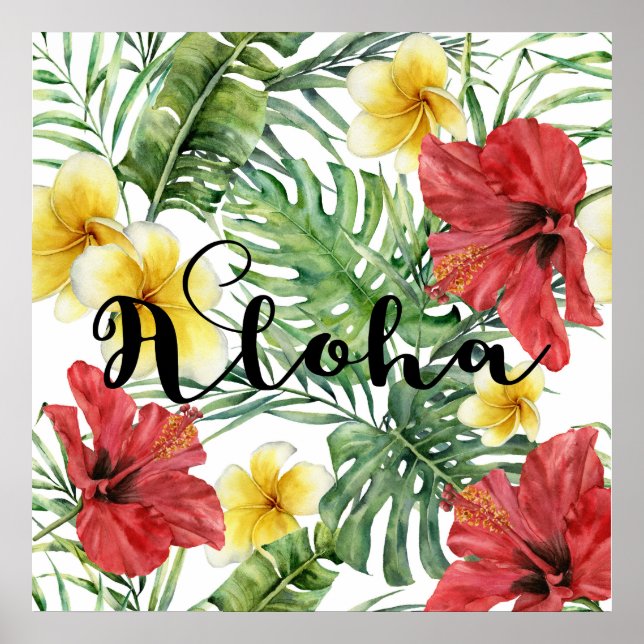 Poster Feuilles botaniques tropicaux Floral Aloha Luau (Devant)