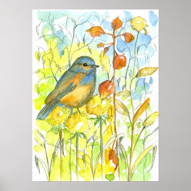 Poster Feuilles d'automne Aquarelle Bluebird (Devant)
