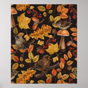 Poster Feuilles d'automne, baies, champignons et roitelet