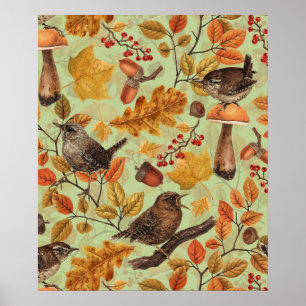 Poster Feuilles d'automne, baies, champignons et roitelet