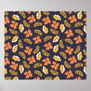 Poster Feuilles d'automne en chute chaude avec fleurs