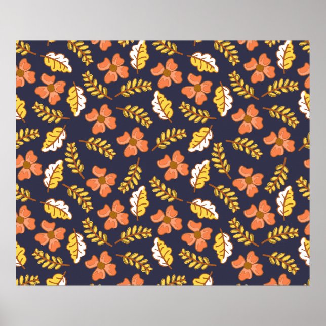 Poster Feuilles d'automne en chute chaude avec fleurs (Devant)