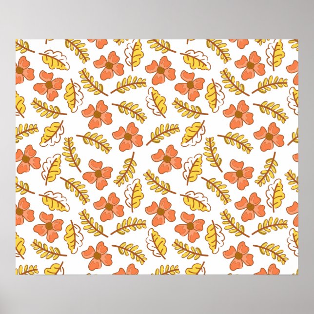 Poster Feuilles d'automne en chute chaude avec fleurs (Devant)