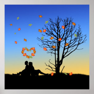 Poster Feuilles d'automne en forme de coeur Couple