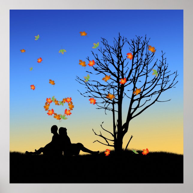 Poster Feuilles d'automne en forme de coeur Couple (Devant)