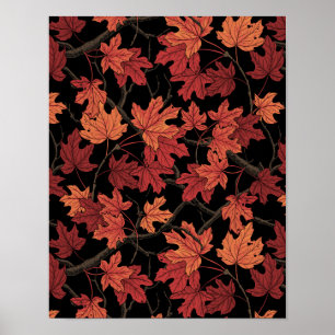 Poster Feuilles de l'érable d'automne rouge sur fond noir