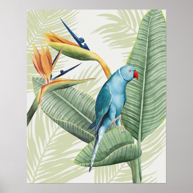 Poster Feuilles De Palme Avec Oiseau Bleu (Devant)
