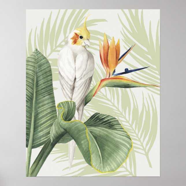 Poster Feuilles De Palmiers Avec Oiseau Blanc (Devant)