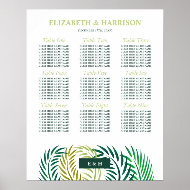 Poster Feuilles de palmiers tropicaux, Plage Mariage Cart (Devant)