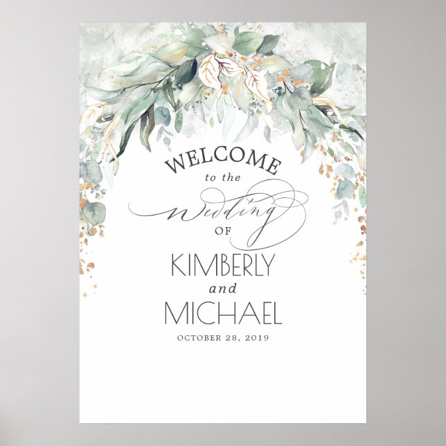 Poster Feuilles de verdure et d'or Dreamy Mariage Bienven (Devant)