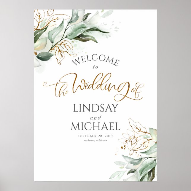 Poster Feuilles de verdure et d'or Dreamy Mariage Bienven (Devant)