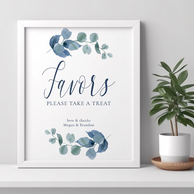 Poster Feuilles d'eucalyptus simple aquarelle Faveurs (Favors Poster from the Dusty Eucalpytus wedding collection by Darling & May)