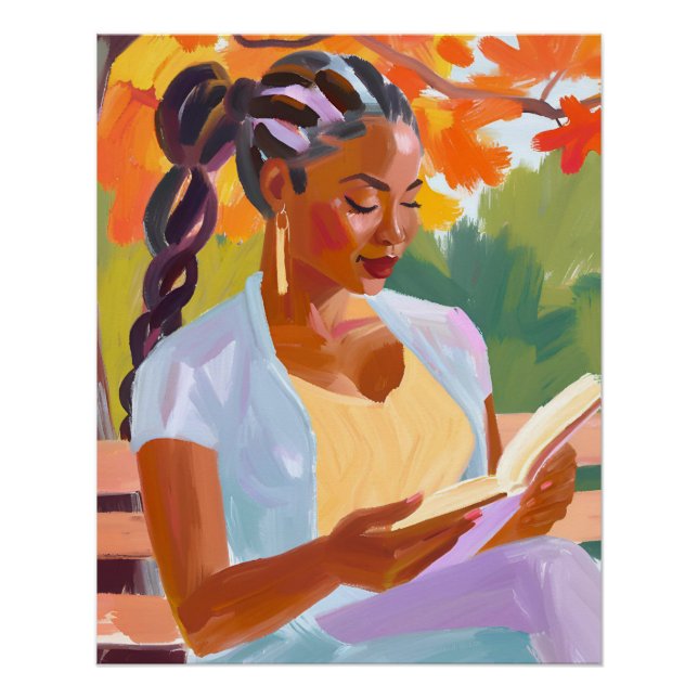Poster Feuilles d'or et réflexion : Femme noire à Autum (Devant)