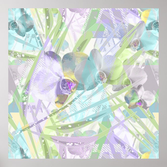 Poster Feuilles d'orchidées et de palmiers, tropicale (Devant)