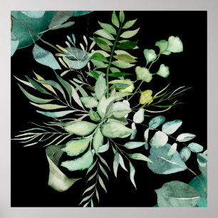 Poster Feuilles et fleurs botaniques à l'aquarelle verte