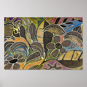 Poster Feuilles et fleurs sculptés à la main - en bleu or