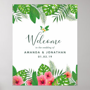 Poster Feuilles tropicales aquarelle Mariage Bienvenue