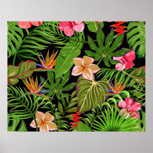 Poster Feuilles tropicales colorées et fleurs d'hibiscus
