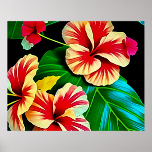 Poster Feuilles tropicales colorées et fleurs d'Hibiscus