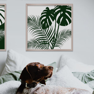 Poster Feuilles tropicaux 1 Vert foncé sur l'art blanc Im