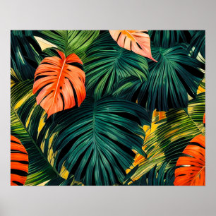 Poster Feuilles tropicaux colorés et fleurs d'Hibiscus  