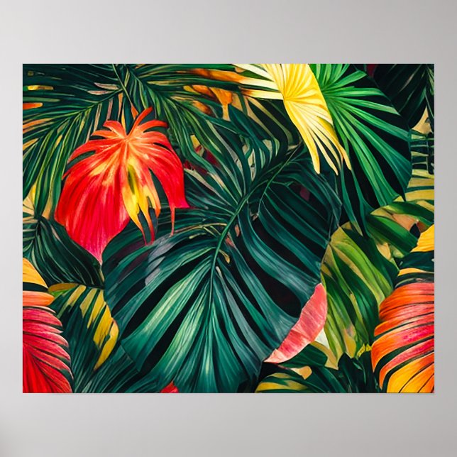 Poster Feuilles tropicaux colorés et fleurs d'Hibiscus | (Devant)
