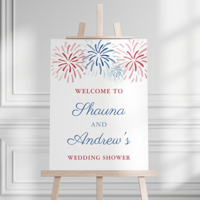 Poster Feux d'artifice 4 juillet Mariage Couple Réception (Red White and Blue firework bursts Independence Day Holiday Weekend Wedding Shower Welcome Sign)