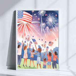 Poster Feux d'artifice du 4 juillet Drapeau américain à