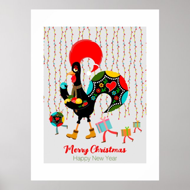 Poster Feux de Noël, baubles, cadeaux et coq (Devant)