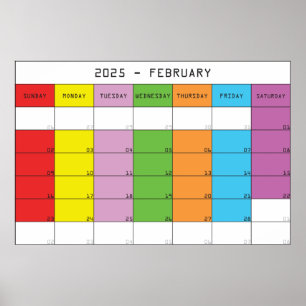 Poster Février 2025 couleurs jours calendrier plancer