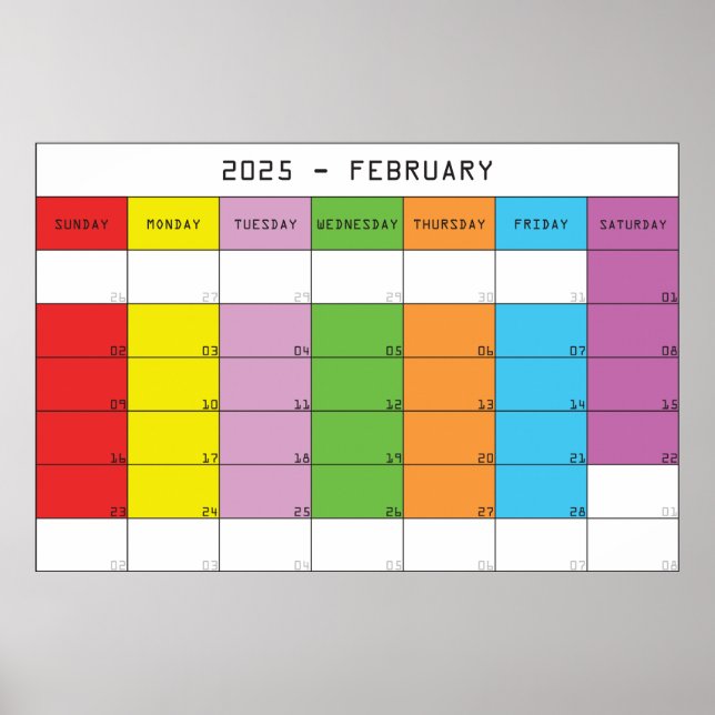Poster Février 2025 couleurs jours calendrier plancer (Devant)
