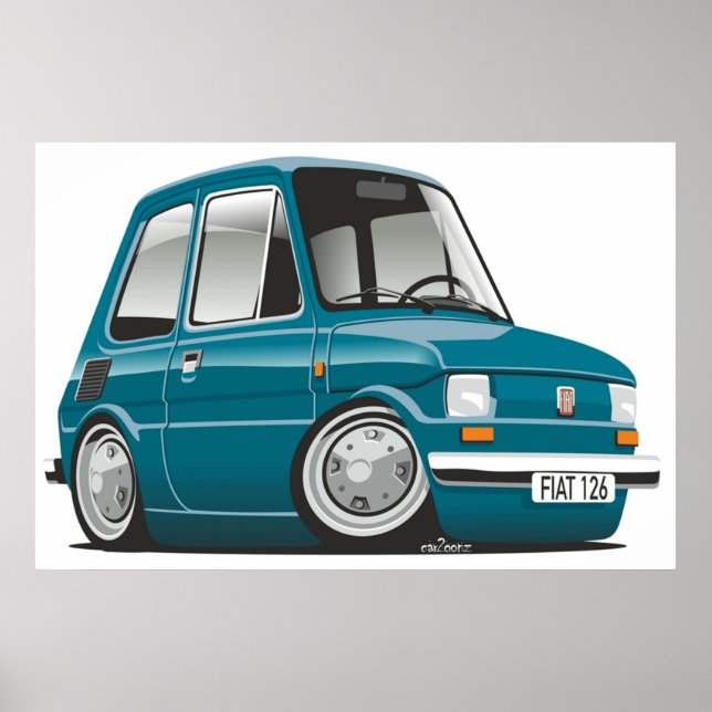 Poster Fiat 126 caricature turquoise (Devant)