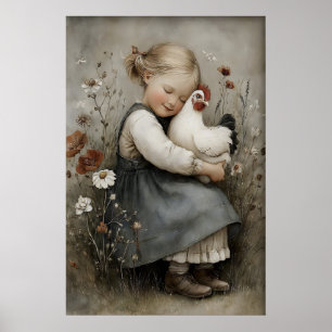 Poster Fichier imprimable de fille qui étreint un poulet,