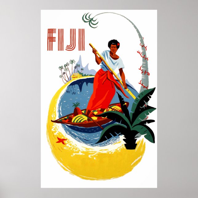 Poster Fidji, homme sur un petit bateau (Devant)